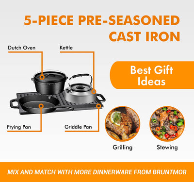 Bruntmor Pre-Seasoned Heavy Duty Cast Iron Dutch Oven Camping Cooking Set with Travel bag