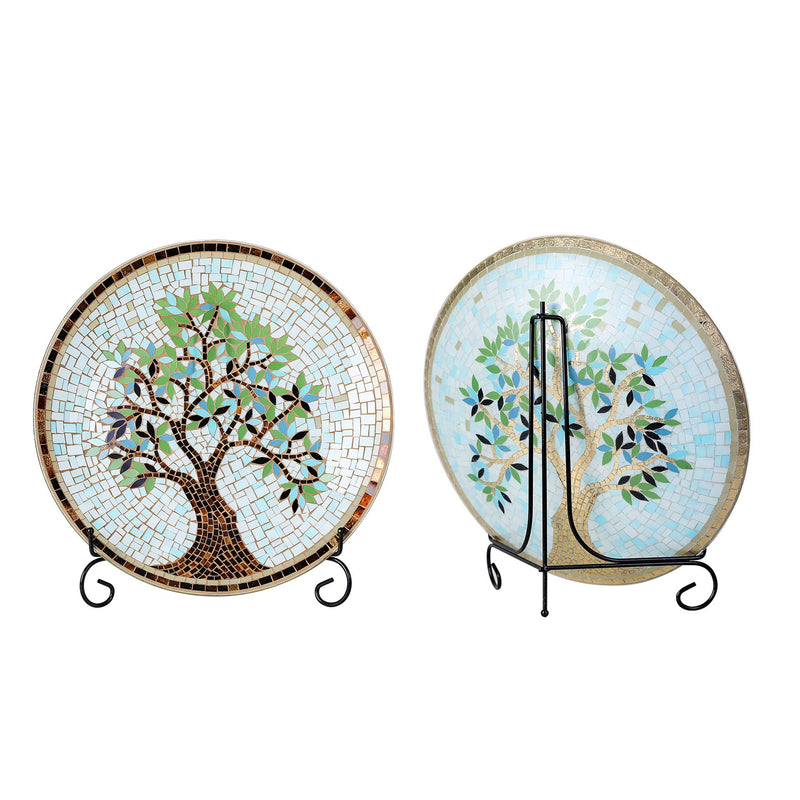 15" Round Mosaic Glass Decorative Charger Plate with Stand Tree