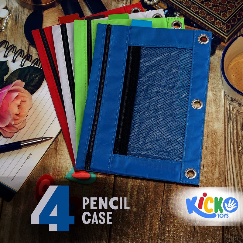 Kicko Pencil Case  3 Ring Pouch with Mesh Window- Assorted Basic Colors Binder Pouch