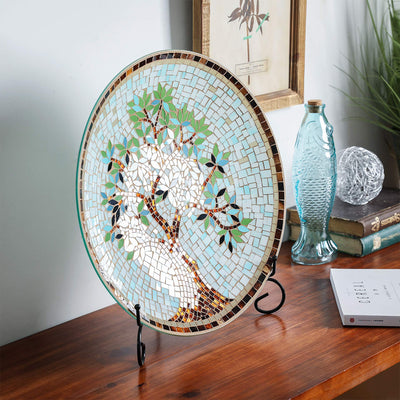 15" Round Mosaic Glass Decorative Charger Plate with Stand Tree