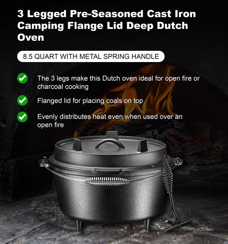 3 Legged Pre-Seasoned Cast Iron Camping Flange Lid Deep Dutch Oven, 8.5 Quart W/Metal