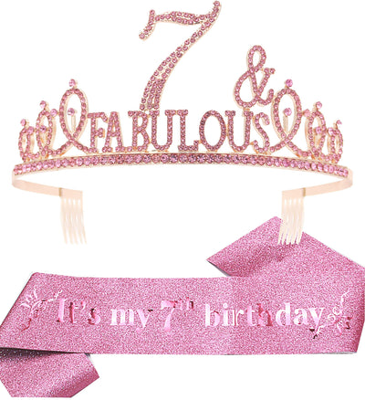 7th Birthday Gifts for Girl,7th Birthday Tiara and Sash Pink,7th Birthday Decorations