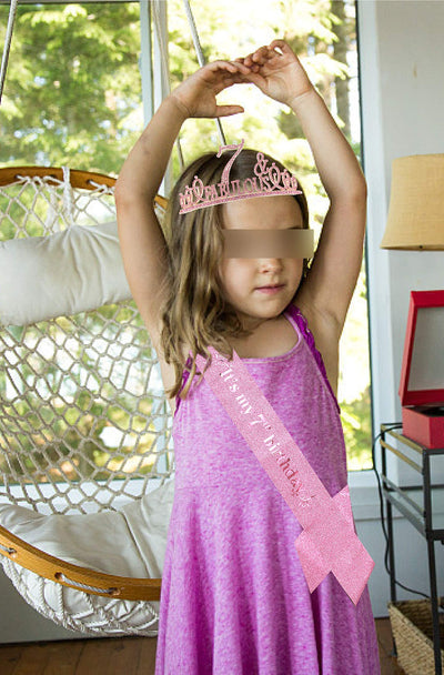 7th Birthday Gifts for Girl,7th Birthday Tiara and Sash Pink,7th Birthday Decorations