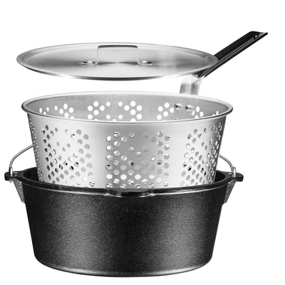 PreSeasoned Cast Iron Fish Fryer 9 Quart Stock Pot Dutch Oven With Aluminum Basket & Lid