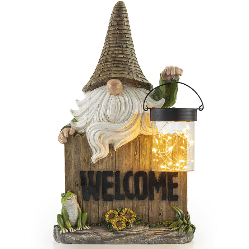 VP Home Welcome Gnome with Lantern and Frog Solar Powered LED Outdoor Decor Garden