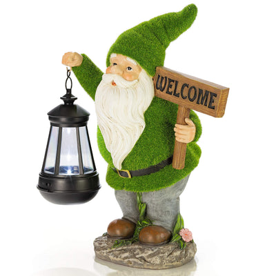 VP Home Welcome Flocked Gnome with Lantern Solar Powered LED Outdoor Decor Garden