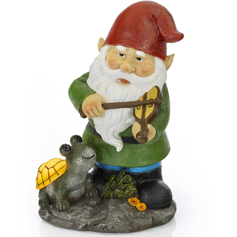 VP Home Fiddler Gnome with Glowing Turtle Solar Powered LED Outdoor Decor Garden