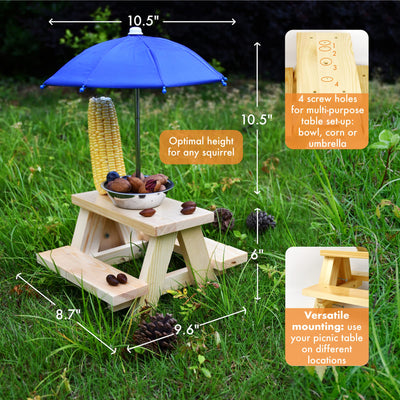 Squirrel Feeder Table With Umbrella - Solid Wooden Chipmunk Picnic Table Feeder