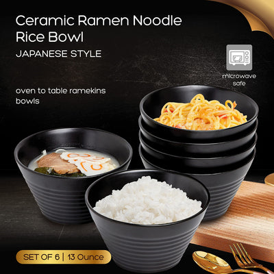 Ramen Bowl 13 Oz. Set of 6 Ceramic Ramen Noodle Rice Bowl, Microwave Safe Appetizer Bowls