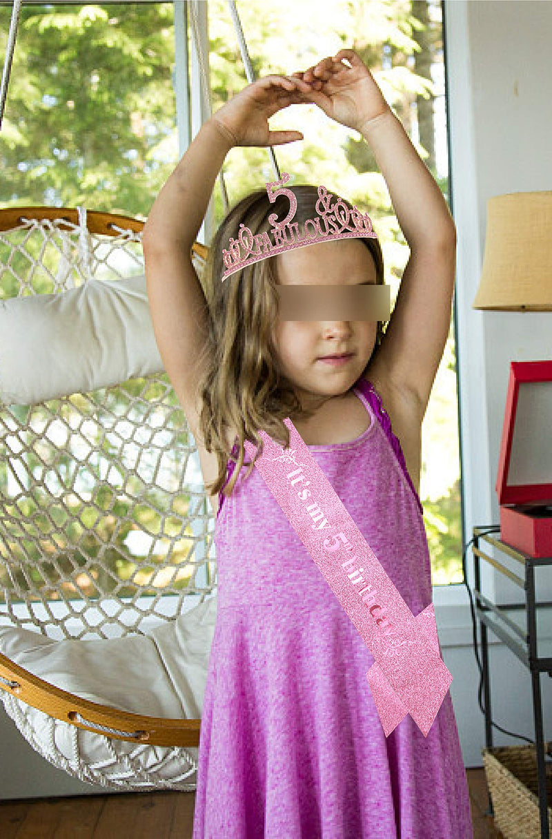 5th Birthday Gifts for Girl,5th Birthday Tiara and Sash Pink,5th Birthday Decorations