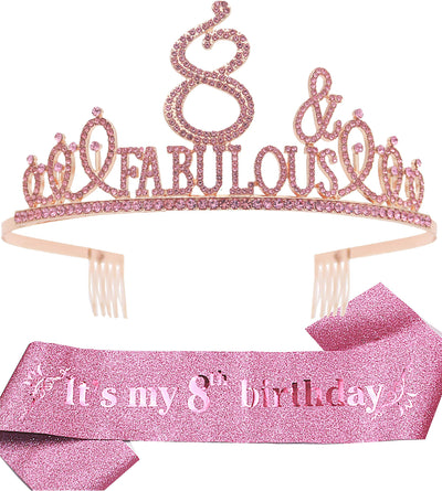 8th Birthday Gifts for Girl,8th Birthday Tiara and Sash Pink,8th Birthday Decorations