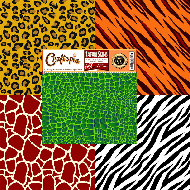 Safari Patterned Vinyl Sheets Animal Prints 4 Pack | Leopard Cheetah/Tiger Giraffe Zebra