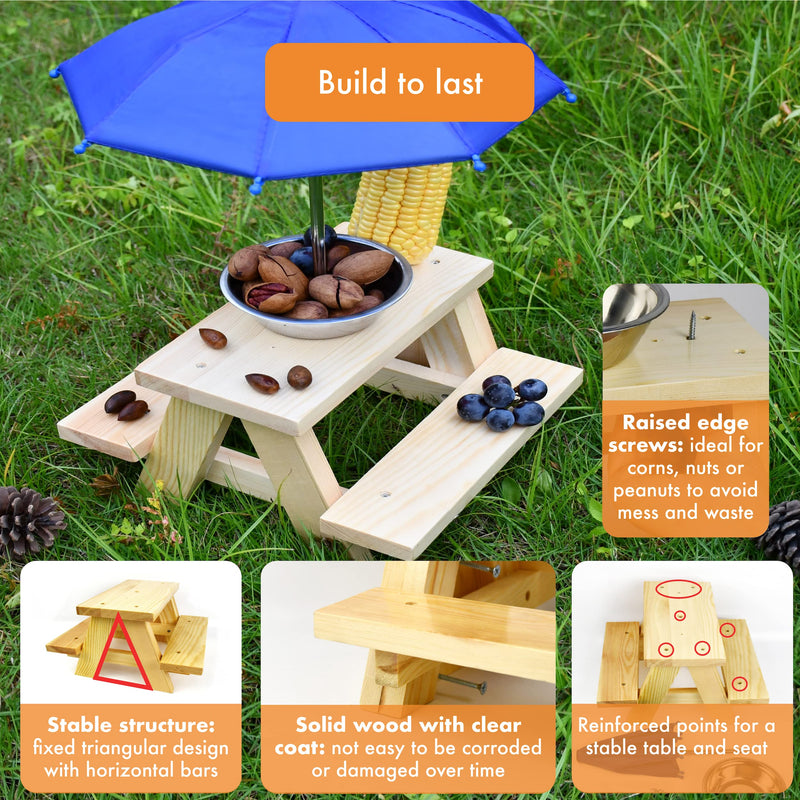 Squirrel Feeder Table With Umbrella - Solid Wooden Chipmunk Picnic Table Feeder