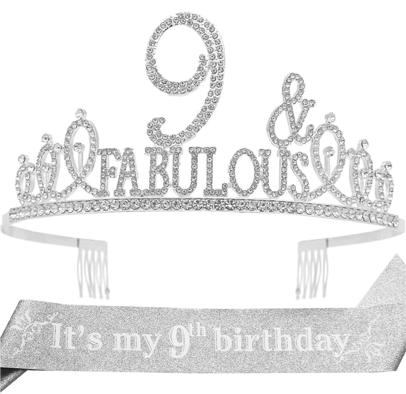 9th Birthday Gifts for girls,9th Birthday Tiara and Sash Silver,9th Birthday Decorations