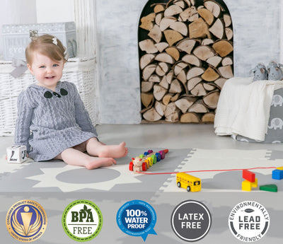 Baby Play Mat Tiles - 61" X 61" Extra Large, Non Toxic Foam Baby Floor Mat - Grey & White