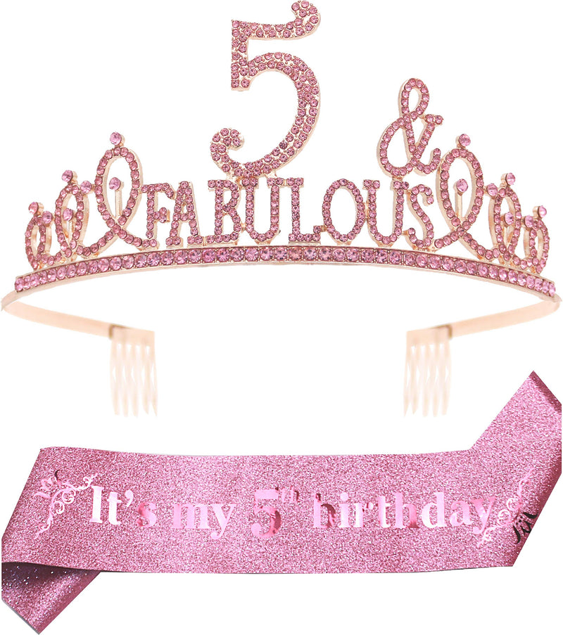 5th Birthday Gifts for Girl,5th Birthday Tiara and Sash Pink,5th Birthday Decorations