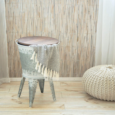 Farmhouse Accent Side Table - Galvanized Rustic End Table. Metal Storage Bin Wood Cover