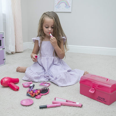 PixieCrush Kids Makeup Kit for Girls with Pretend Hair Dryer and Flat Iron; Play Makeup