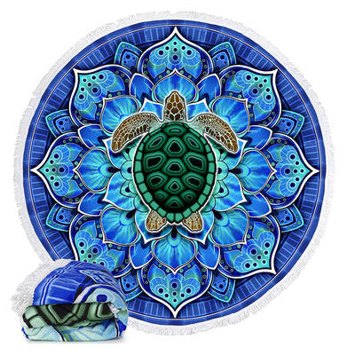 Microfiber Round Large Plush Beach Towel Blanket, 60" D with Fringe (Mandala Turtle