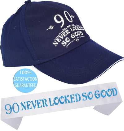 90Th Birthday Gifts For Men, 90Th Birthday Hat And Sash Men, 90 Never Looked So Good