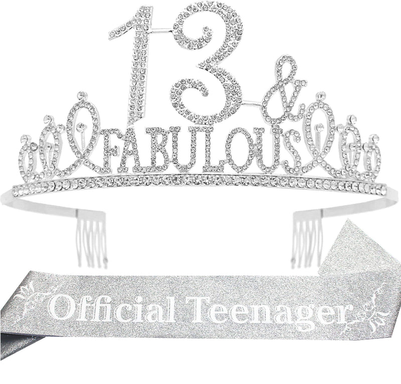 13th Birthday Gifts for Girls,13th Birthday Tiara and Sash Silver,13th Birthday