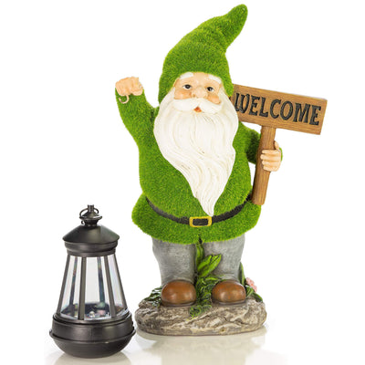 VP Home Welcome Flocked Gnome with Lantern Solar Powered LED Outdoor Decor Garden