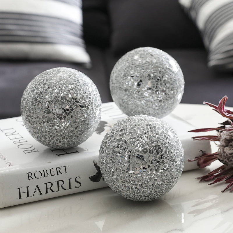 Decorative Orbs Set of 3 Glass Mosaic Sphere Balls Diameter 4.1" for Bowls, Vases