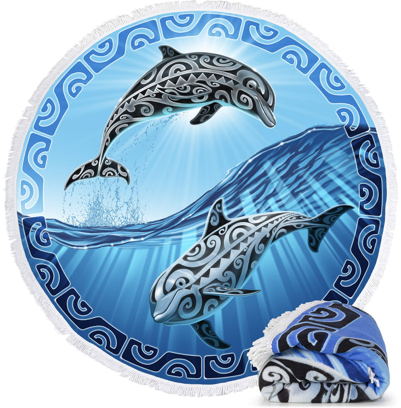 Microfiber Round Large Plush Beach Towel Blanket, 60" D with Fringe (Tribal Dolphins