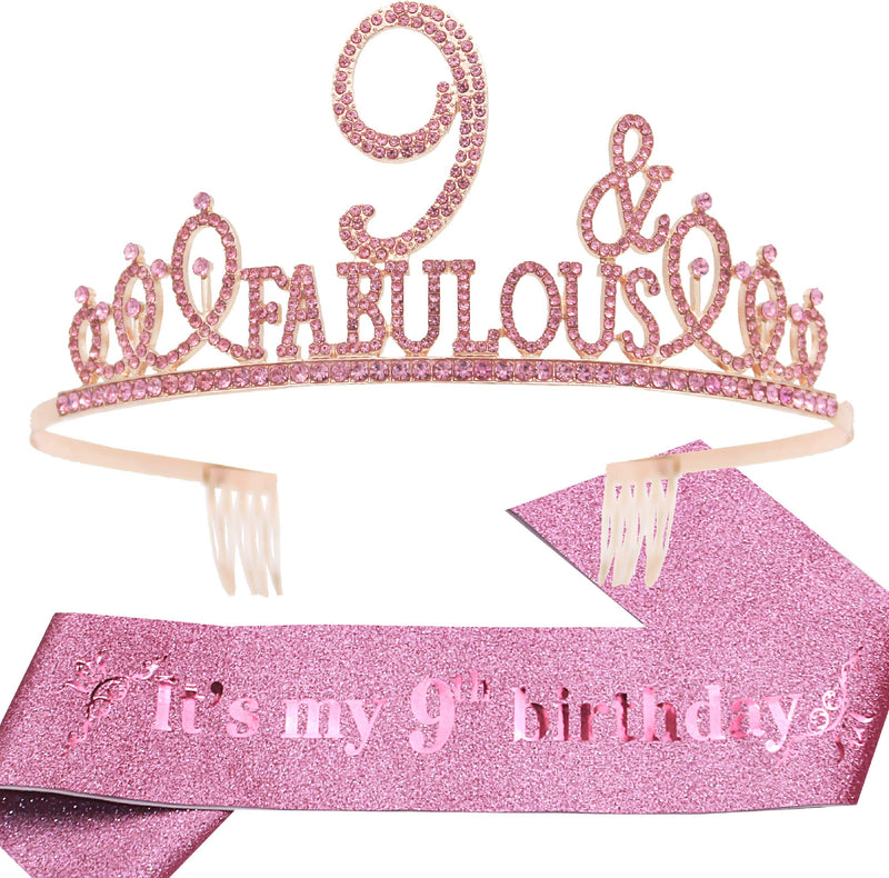 9th Birthday Gifts for Girl,9th Birthday Tiara and Sash Pink,9th Birthday Decorations