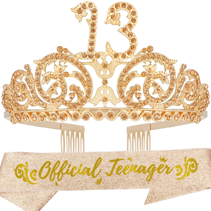 13th Birthday Sash And Tiara For Girls - Fabulous Set: Glitter Sash + Ripples