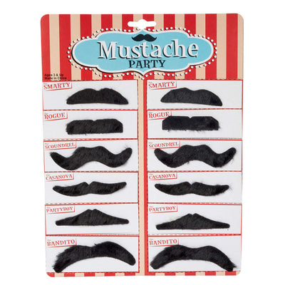 Kicko Party Black Mustache - 12 Adhesive Whiskers for Kids and Adults Costume Play