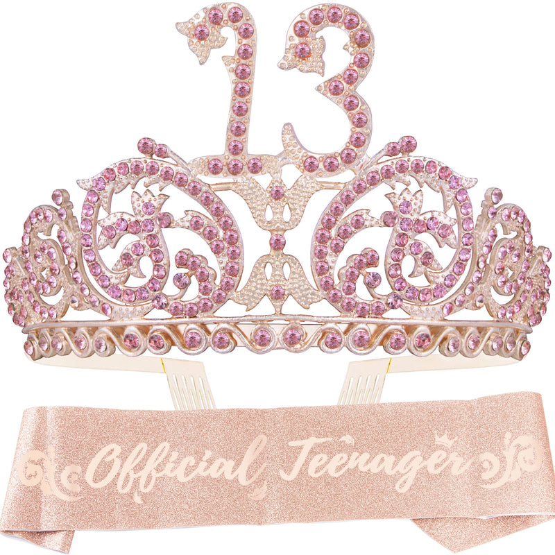 13th Birthday Sash And Tiara For Girls - Fabulous Set: Glitter Sash + Ripples