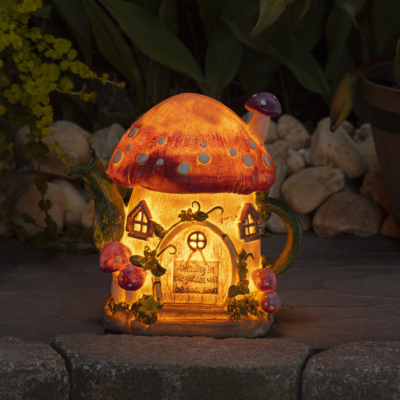 Mushroom Teapot Gnome Fairy House Solar Powered Led Outdoor Decor Garden Light