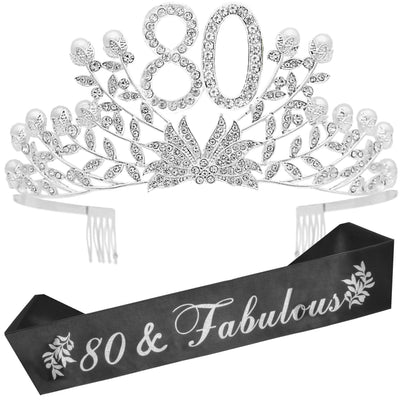 80th Birthday Gifts for Women, 80th Birthday Tiara and Sash, 80 Fabulous Sash and Crystal