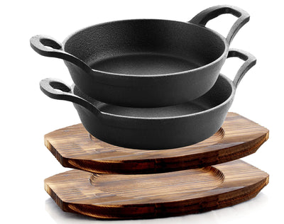 4 Piece Pre-seasoned Cast Iron Fajita Skillets and Sizzle Plates - Round Mini Server