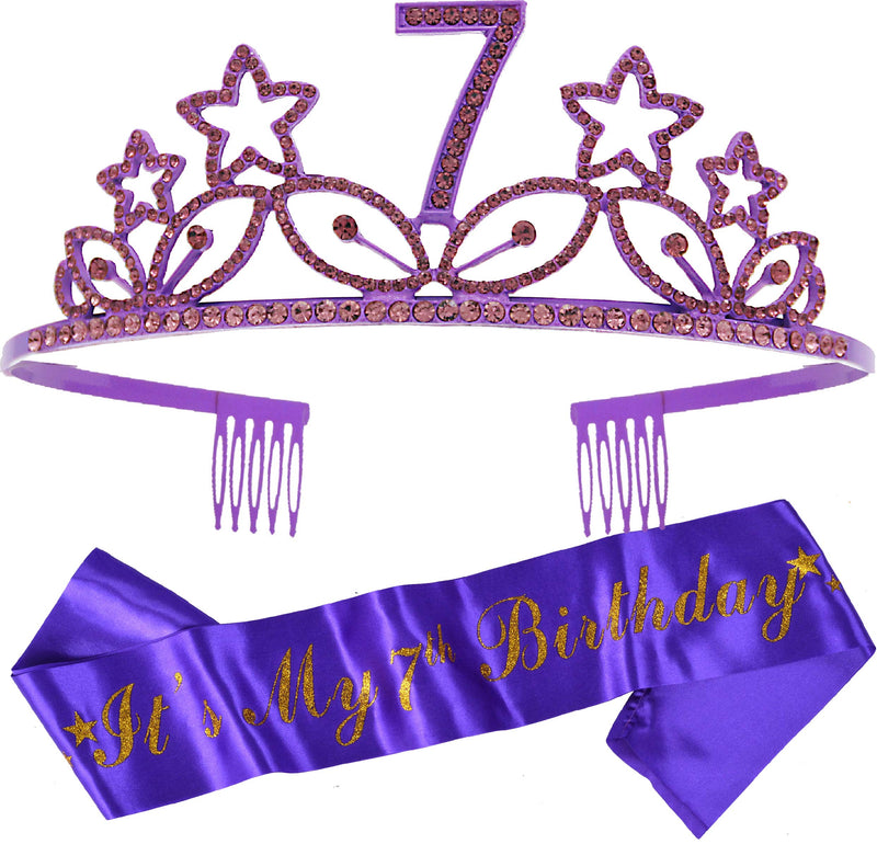 7th Birthday Gifts for Girl, 7th Birthday Tiara and Sash Purple, HAPPY 7th Birthday Party