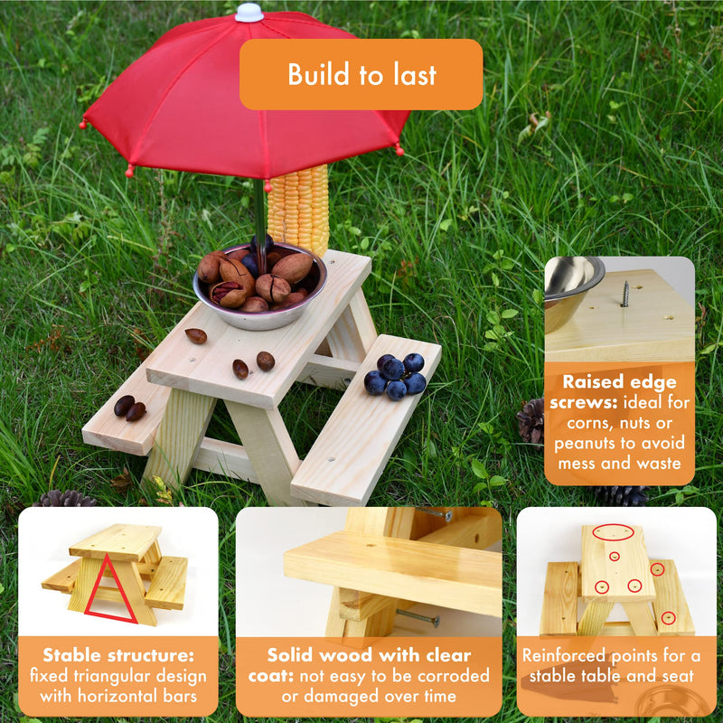 Squirrel Feeder Table With Umbrella - Wooden Squirrel Picnic Table Feeder