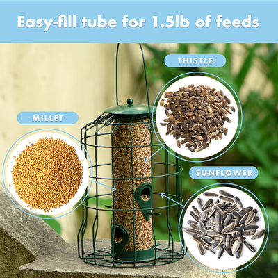 Squirrel Resistant Metal Bird Feeder - Heavy Duty Hanging Caged Tube Bird Feeder