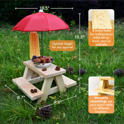 Squirrel Feeder Table With Umbrella - Wooden Squirrel Picnic Table Feeder