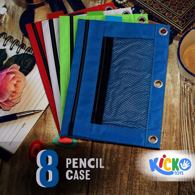 Kicko Pencil Case - 3 Ring Pouch with Mesh Window - Assorted Basic Colors Binder Pouch - 8