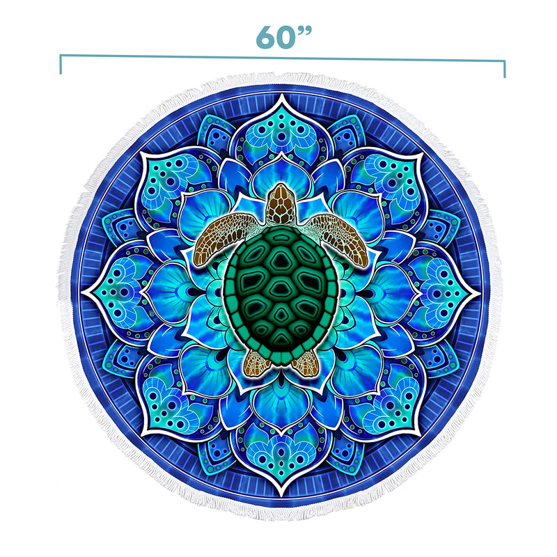 Microfiber Round Large Plush Beach Towel Blanket, 60" D with Fringe (Mandala Turtle