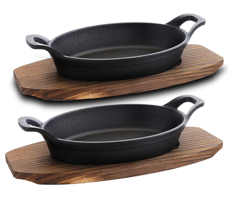 4 Piece Pre-seasoned Cast Iron Fajita Skillets and Steak Sizzle Plates - Oval Mini Server