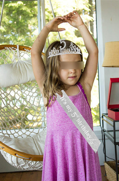 5th Birthday Gifts for Girls,5th Birthday Tiara and Sash Silver,5th Birthday Decorations