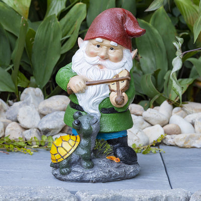 VP Home Fiddler Gnome with Glowing Turtle Solar Powered LED Outdoor Decor Garden