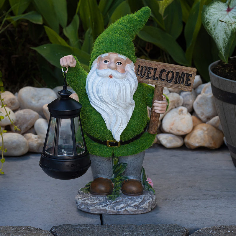 VP Home Welcome Flocked Gnome with Lantern Solar Powered LED Outdoor Decor Garden