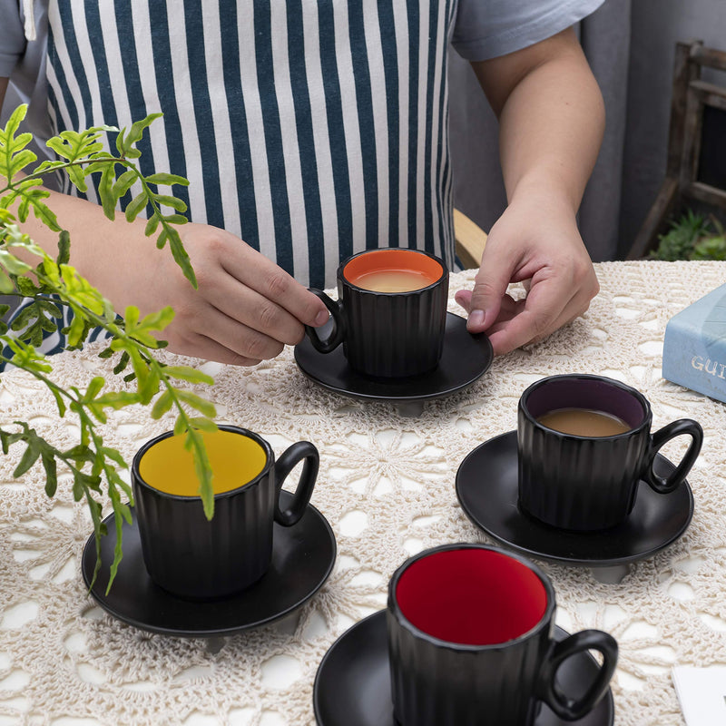 Set of 6 Coffee Mug Sets, 14 Ounce Ceramic Coffee, Ribbed Large-sized Black Coffee Mugs