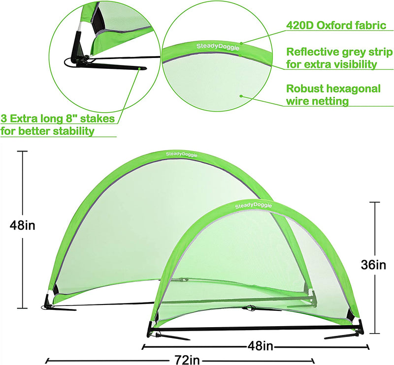 SteadyDoggie Soccer Goal Bundle 3pc (4 Foot) - Pop Up Football Nets Qty 2 - Nylon Wound