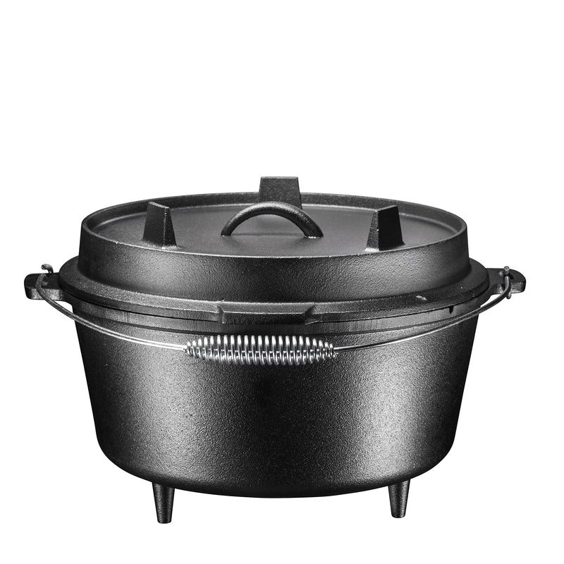 3 Legged Pre-Seasoned Cast Iron Camping Flange Lid Deep Dutch Oven, 8.5 Quart W/Metal