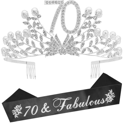 70th Birthday Gifts for Women, 70th Birthday Tiara and Sash, 70 Fabulous Sash and Crystal