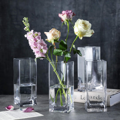 Clear Glass Tall Square Block Vase (3.15" X 8"